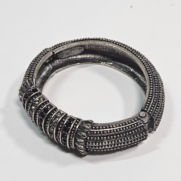 Silver Hinged Bangle Bracelet with Clear and Black Rhinestones - Picture 2 of 4